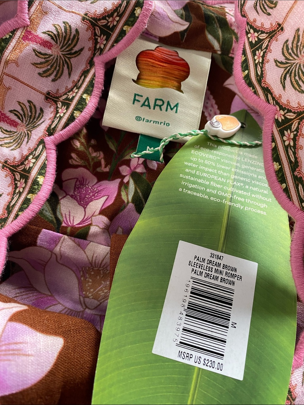 Farm Rio Pink Floral Palm-Print Romper - Brown & Pink. Size medium. NWT. - Picture 2 of 5